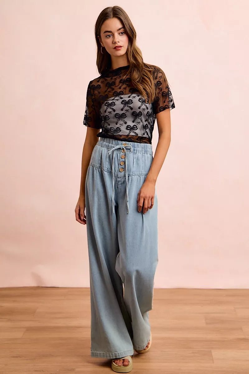BiBi High Neckline Short Sleeves Bow Pattern Mesh Top - Rooted & Reckless Co.