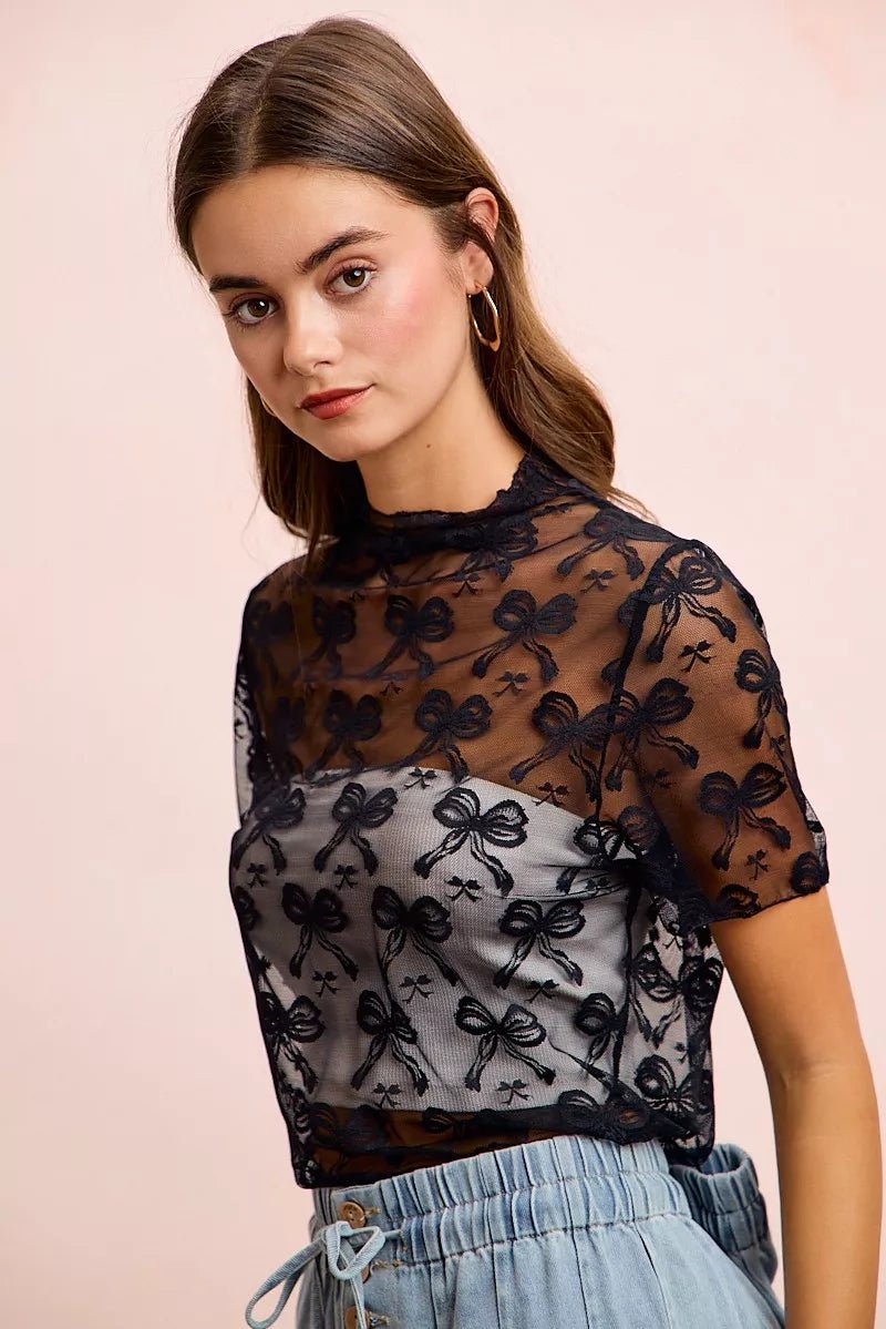 BiBi High Neckline Short Sleeves Bow Pattern Mesh Top - Rooted & Reckless Co.