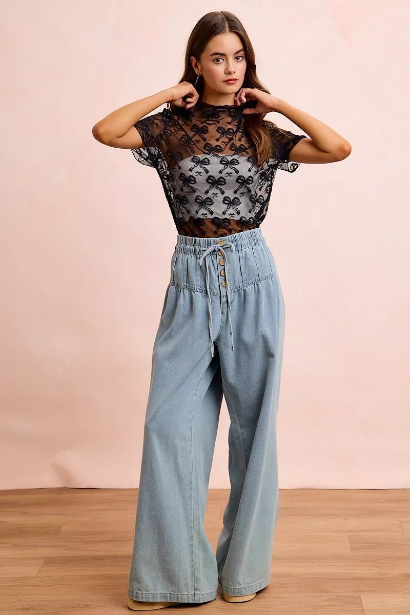 BiBi High Neckline Short Sleeves Bow Pattern Mesh Top - Rooted & Reckless Co.
