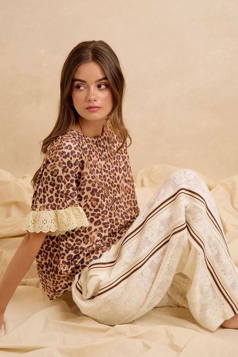 BiBi Leopard and Eyelet Lace Ruffled Top and Shorts Set - Rooted & Reckless Co.