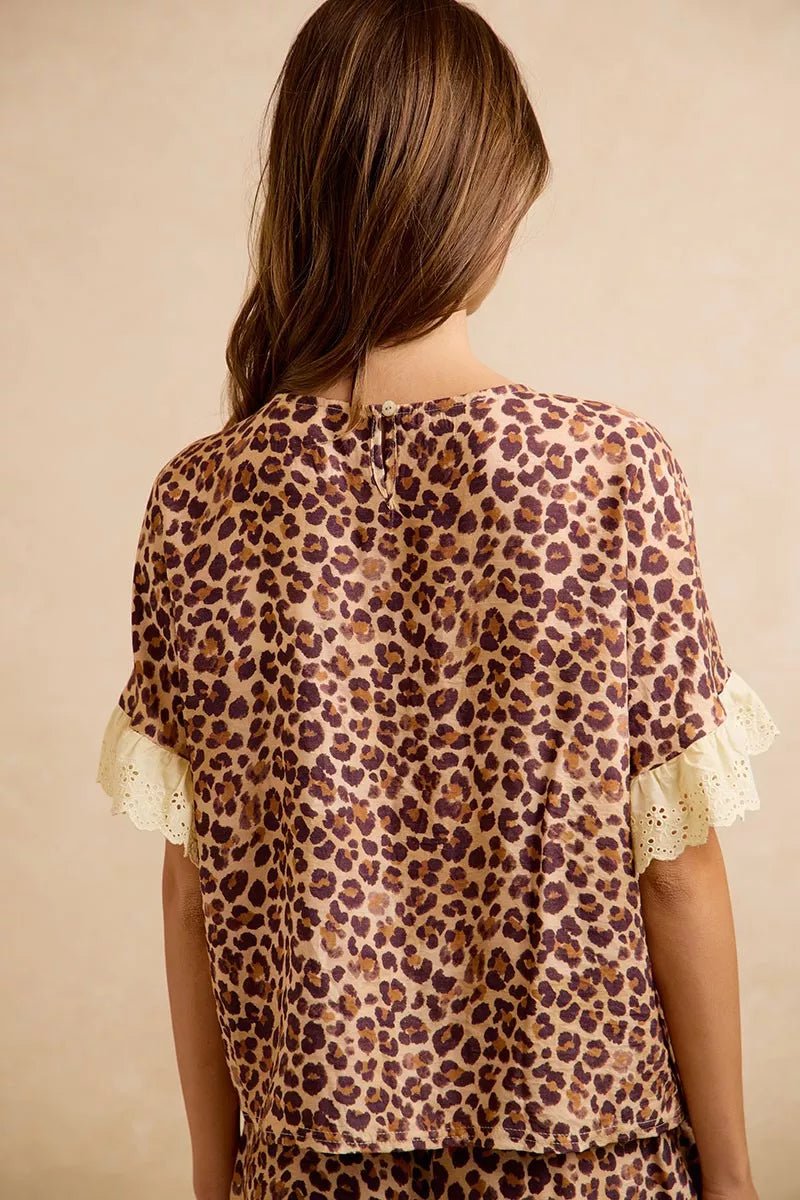 BiBi Leopard and Eyelet Lace Ruffled Top and Shorts Set - Rooted & Reckless Co.