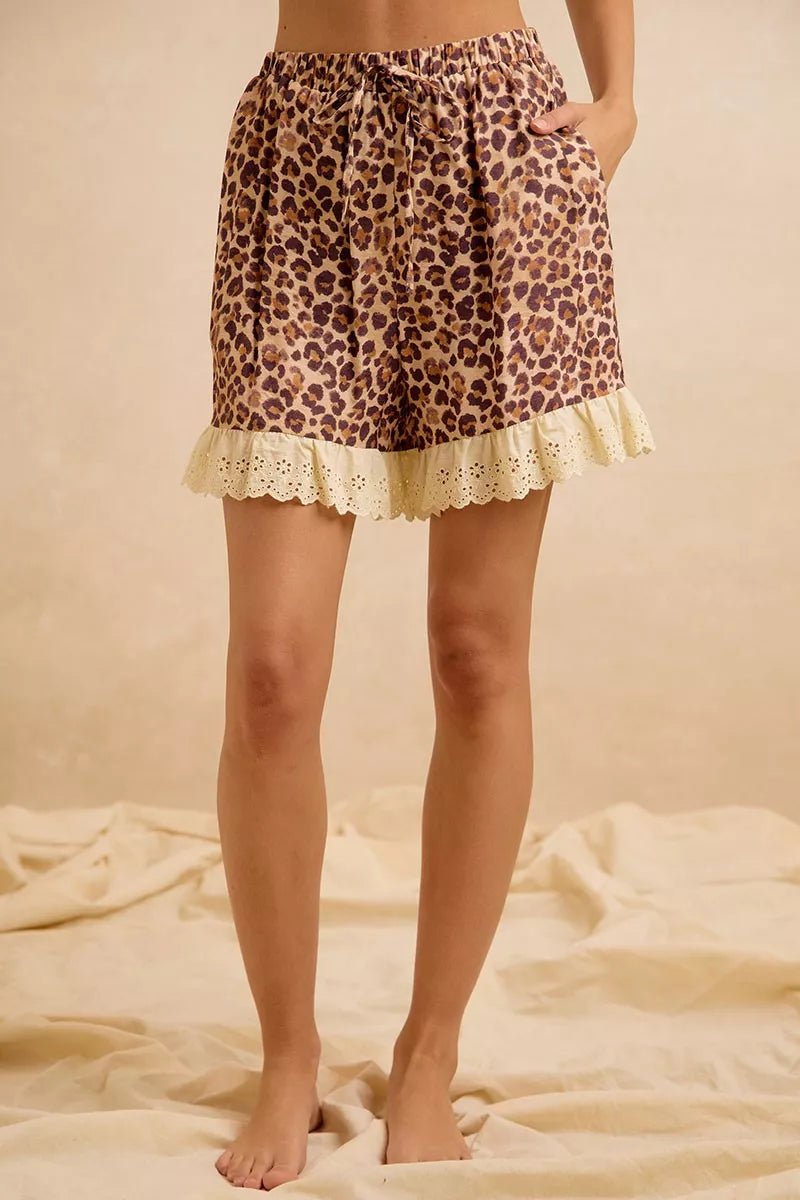 BiBi Leopard and Eyelet Lace Ruffled Top and Shorts Set - Rooted & Reckless Co.