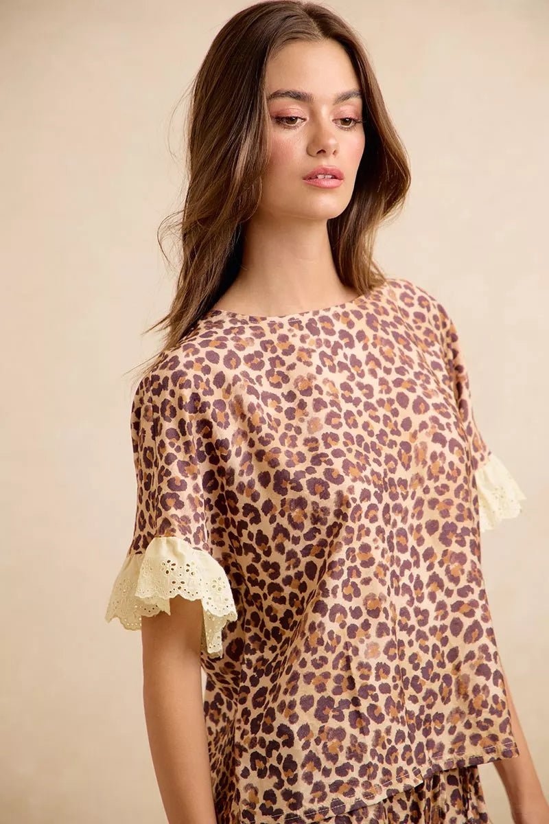 BiBi Leopard and Eyelet Lace Ruffled Top and Shorts Set - Rooted & Reckless Co.