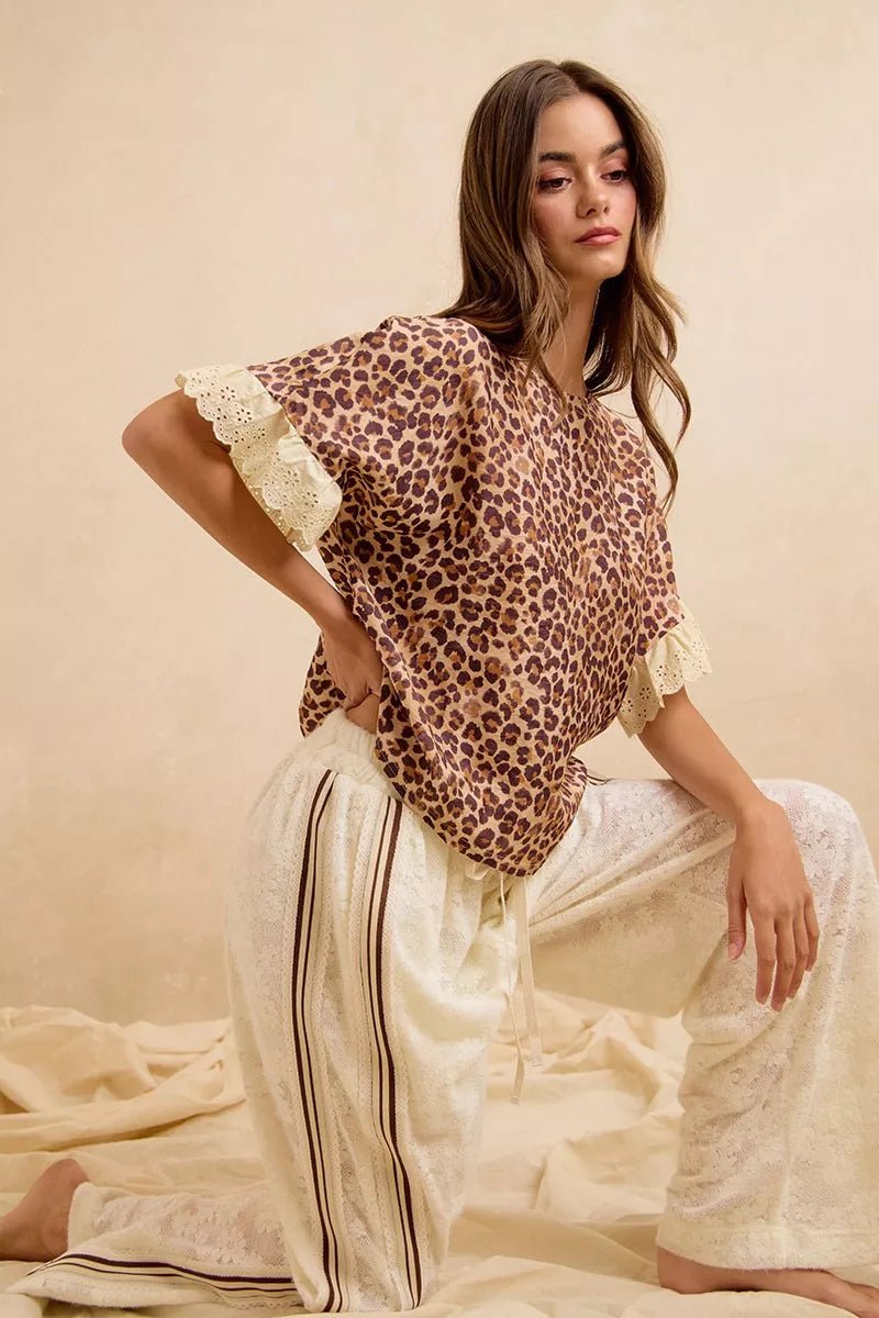 BiBi Leopard and Eyelet Lace Ruffled Top and Shorts Set - Rooted & Reckless Co.
