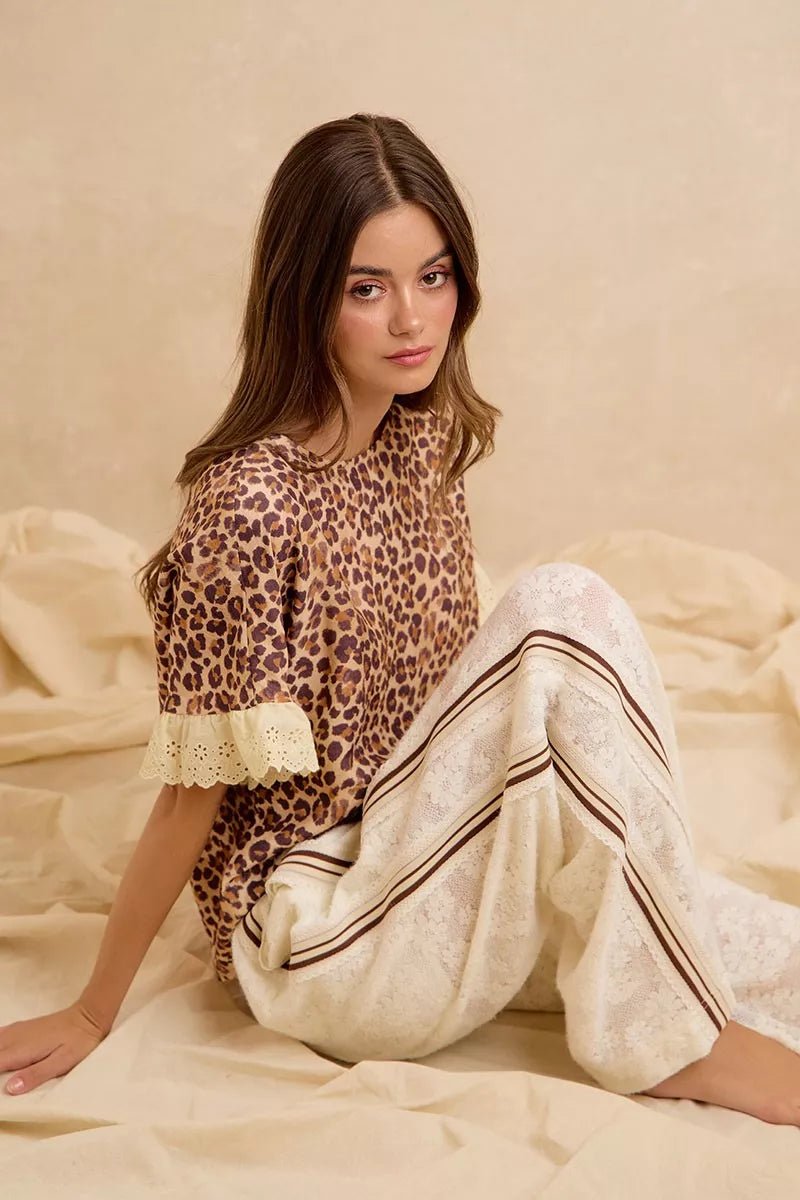 BiBi Leopard and Eyelet Lace Ruffled Top and Shorts Set - Rooted & Reckless Co.