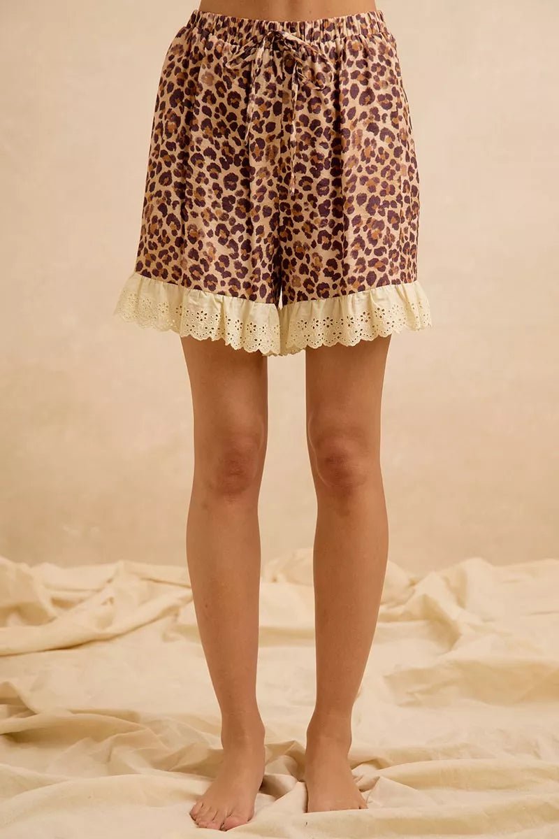 BiBi Leopard and Eyelet Lace Ruffled Top and Shorts Set - Rooted & Reckless Co.