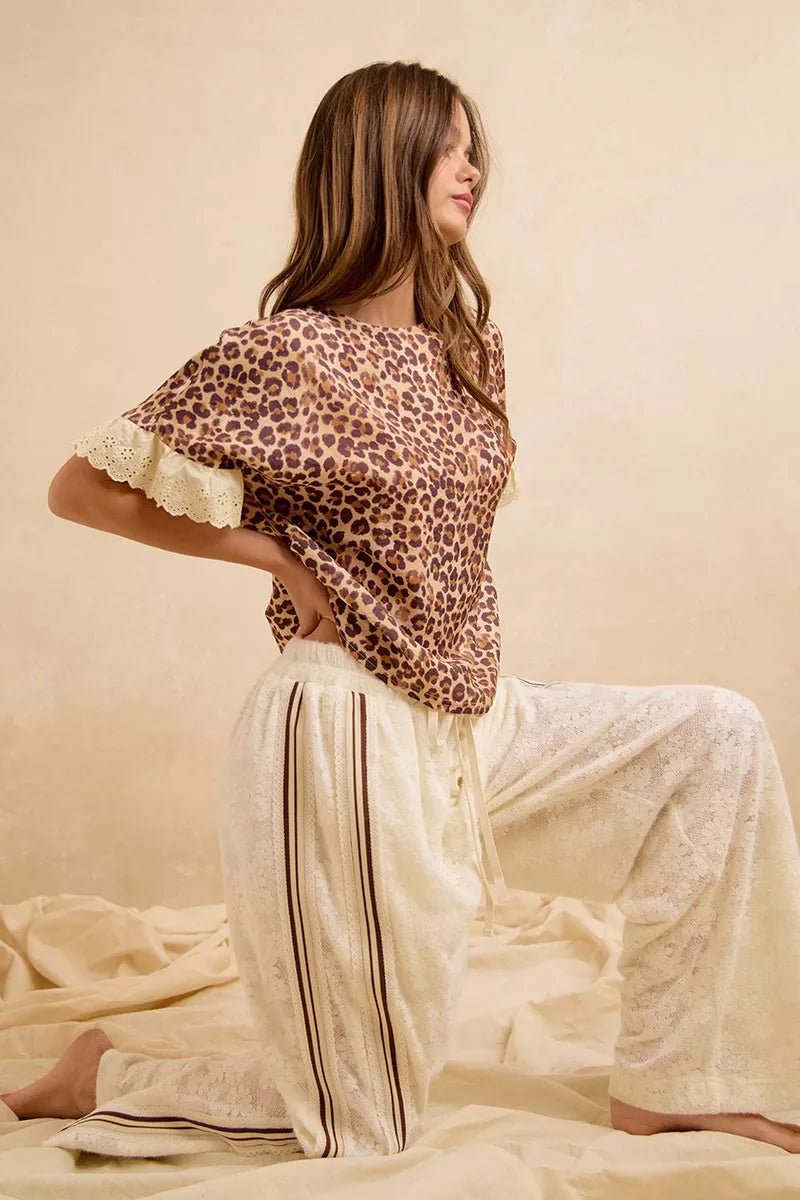 BiBi Leopard and Eyelet Lace Ruffled Top and Shorts Set - Rooted & Reckless Co.