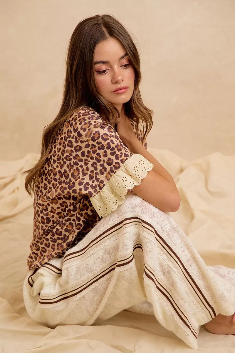 BiBi Leopard and Eyelet Lace Ruffled Top and Shorts Set - Rooted & Reckless Co.