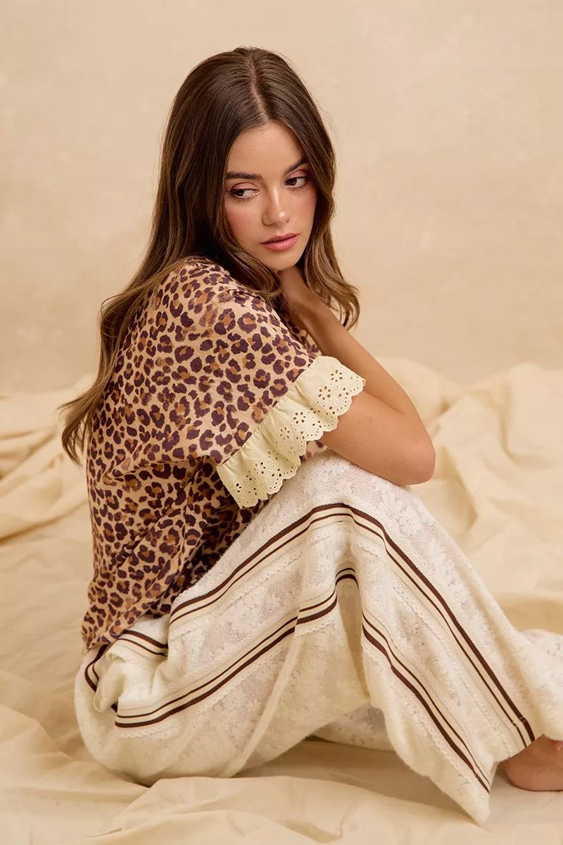 BiBi Leopard and Eyelet Lace Ruffled Top and Shorts Set - Rooted & Reckless Co.