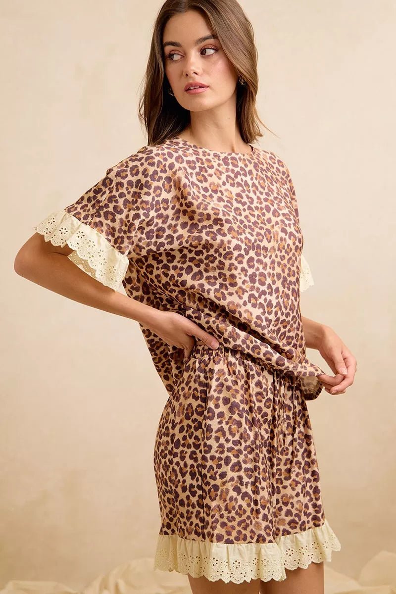 BiBi Leopard and Eyelet Lace Ruffled Top and Shorts Set - Rooted & Reckless Co.