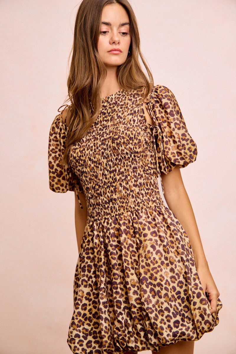 BiBi Leopard Bow Tie Attachable Puff Sleeves Dress - Rooted & Reckless Co.