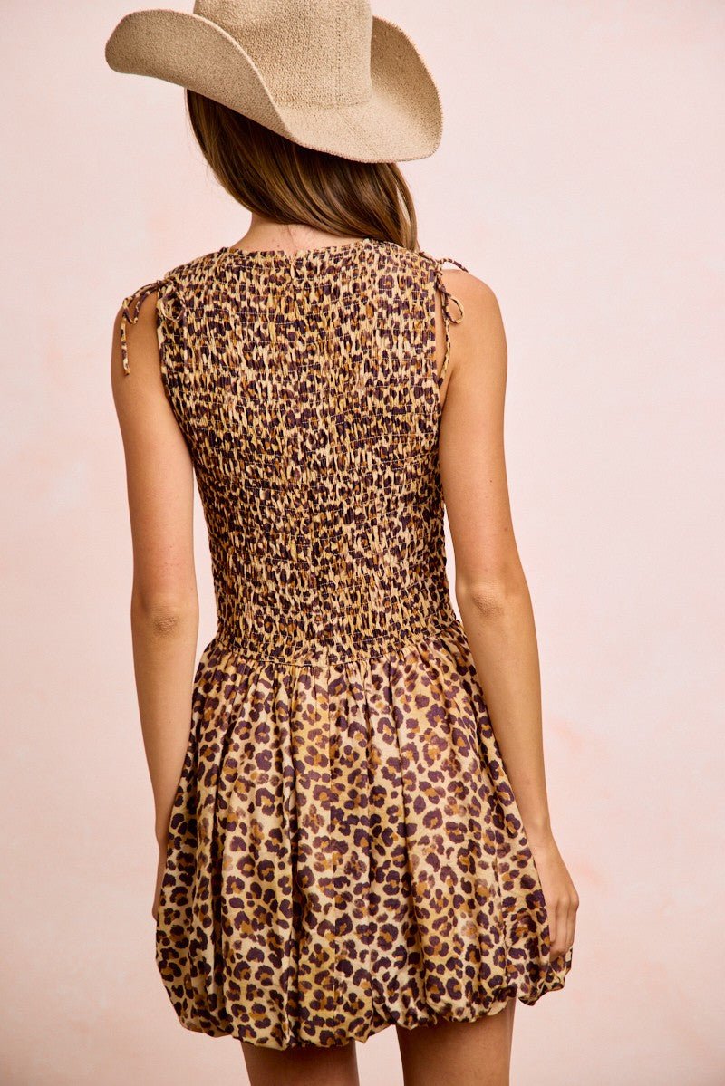 BiBi Leopard Bow Tie Attachable Puff Sleeves Dress - Rooted & Reckless Co.