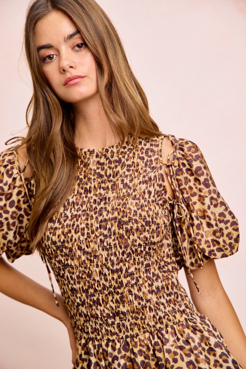 BiBi Leopard Bow Tie Attachable Puff Sleeves Dress - Rooted & Reckless Co.