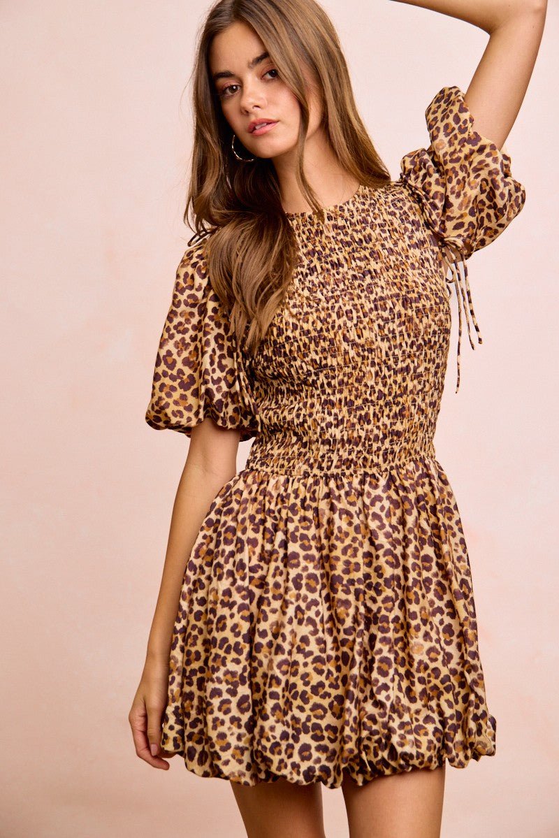 BiBi Leopard Bow Tie Attachable Puff Sleeves Dress - Rooted & Reckless Co.