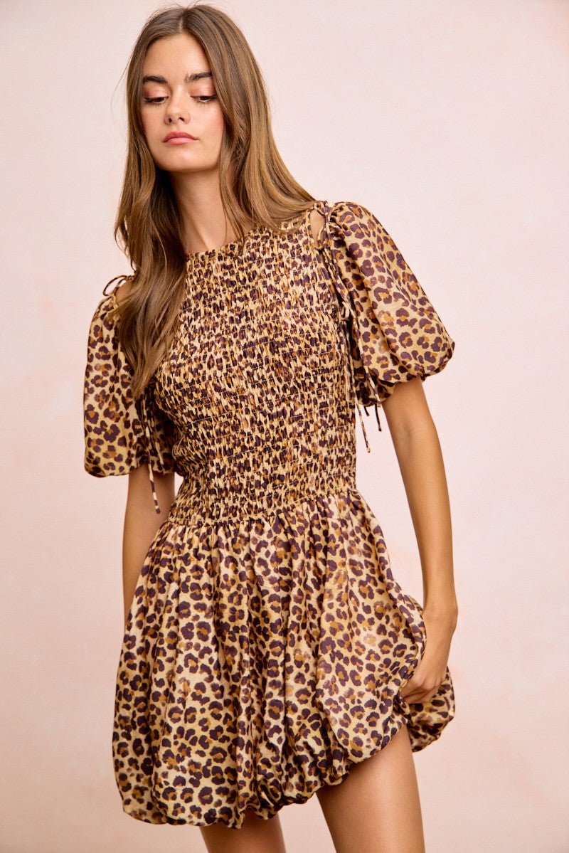 BiBi Leopard Bow Tie Attachable Puff Sleeves Dress - Rooted & Reckless Co.