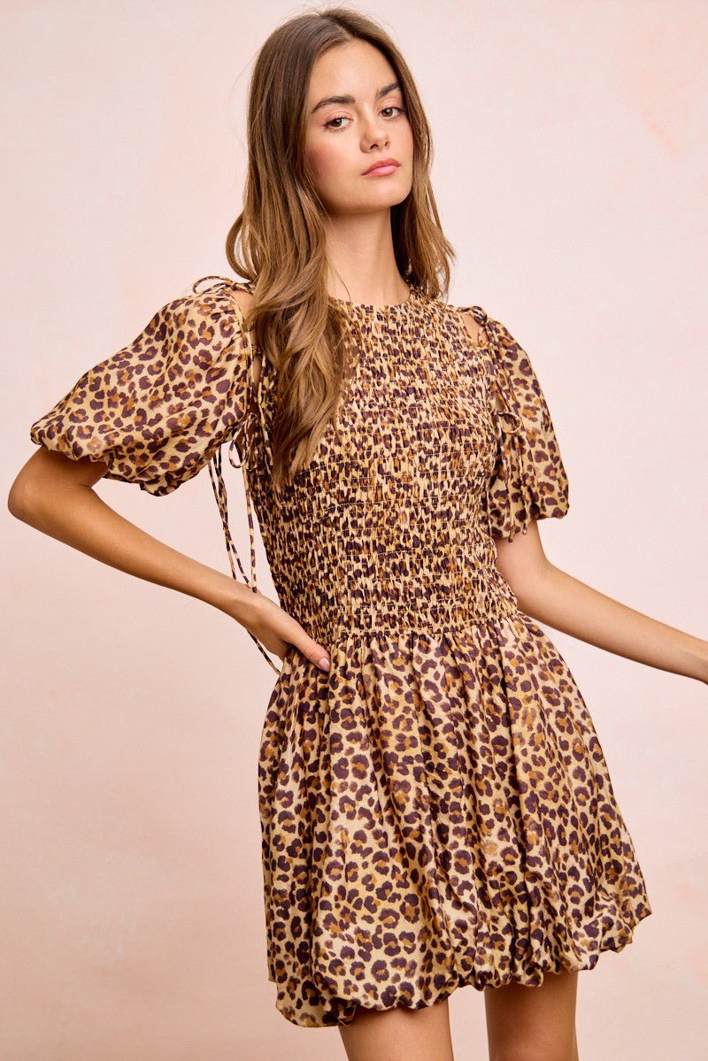 BiBi Leopard Bow Tie Attachable Puff Sleeves Dress - Rooted & Reckless Co.