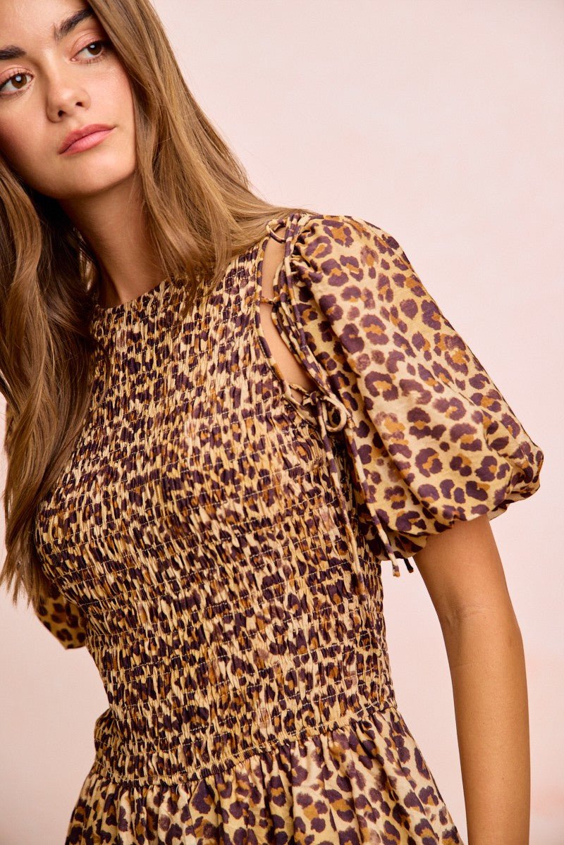 BiBi Leopard Bow Tie Attachable Puff Sleeves Dress - Rooted & Reckless Co.