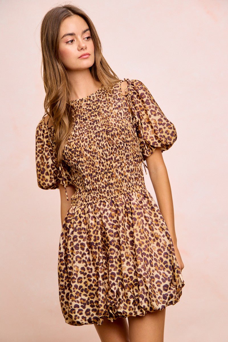 BiBi Leopard Bow Tie Attachable Puff Sleeves Dress - Rooted & Reckless Co.
