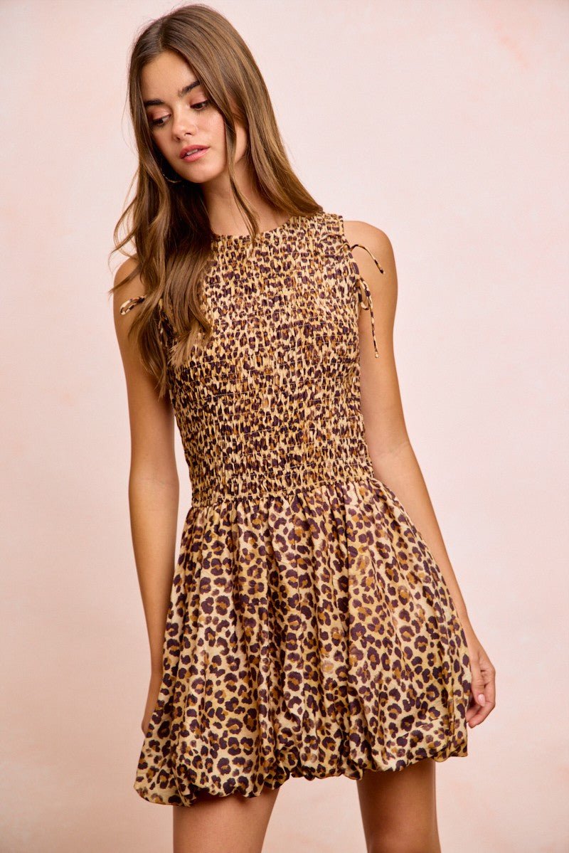 BiBi Leopard Bow Tie Attachable Puff Sleeves Dress - Rooted & Reckless Co.