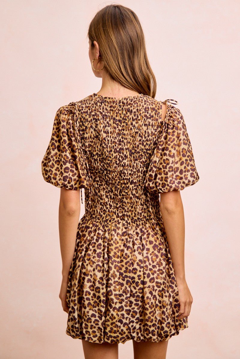 BiBi Leopard Bow Tie Attachable Puff Sleeves Dress - Rooted & Reckless Co.