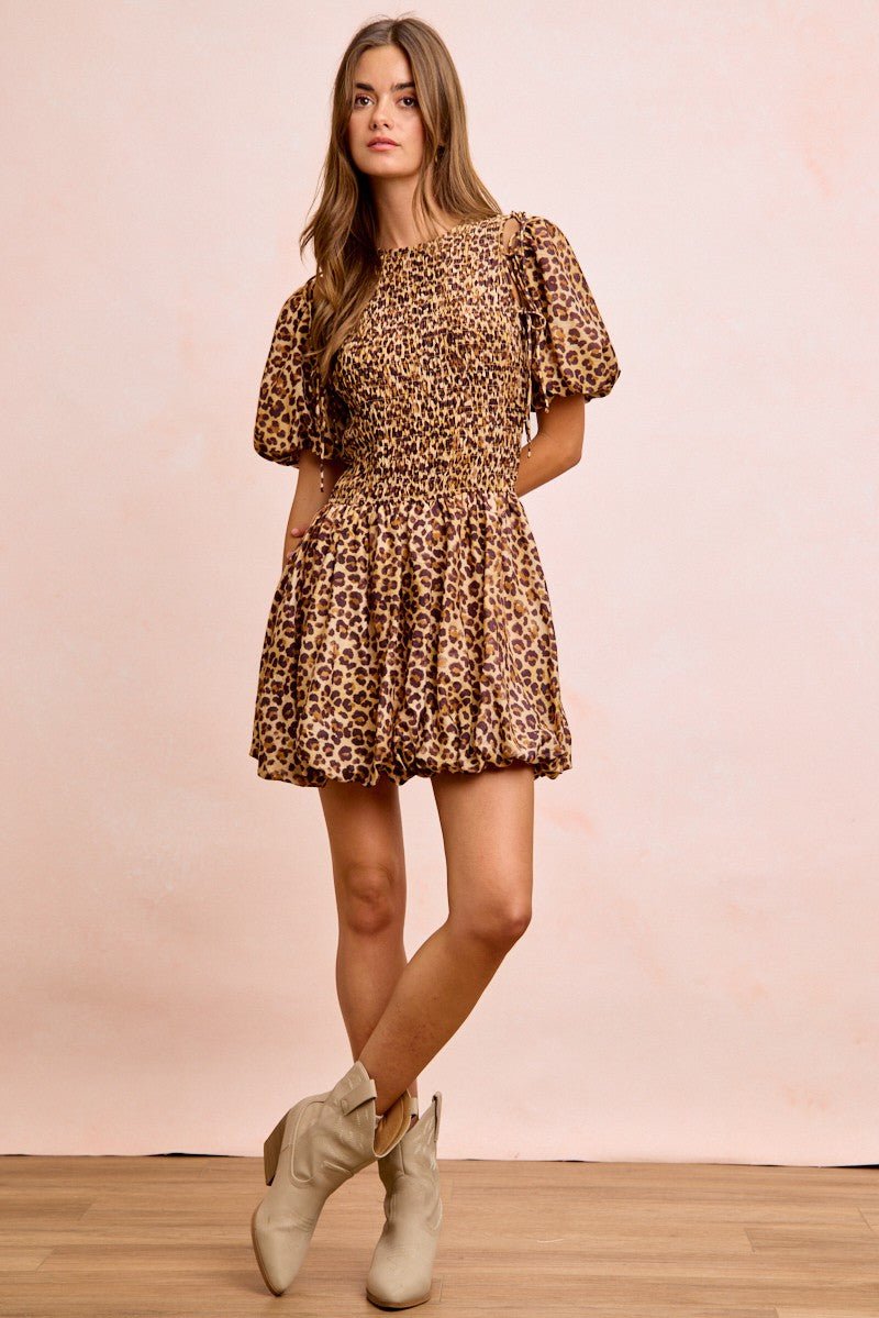 BiBi Leopard Bow Tie Attachable Puff Sleeves Dress - Rooted & Reckless Co.
