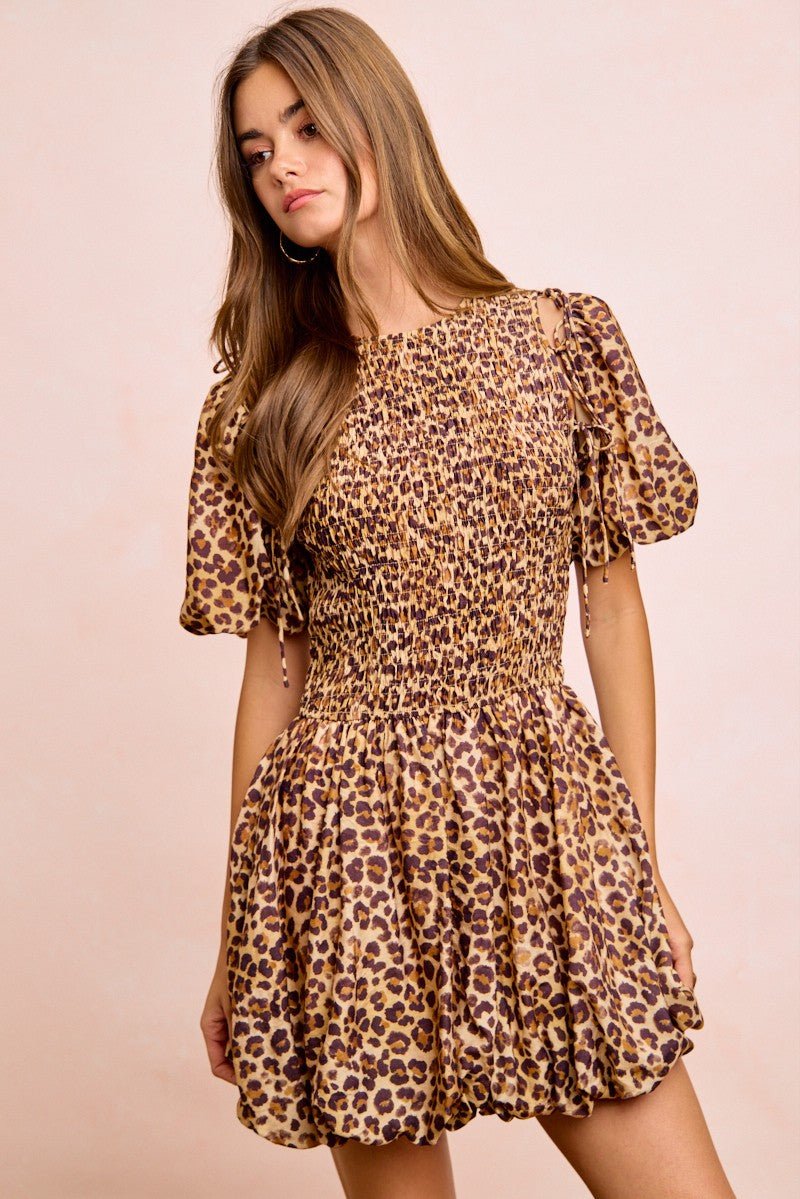 BiBi Leopard Bow Tie Attachable Puff Sleeves Dress - Rooted & Reckless Co.