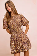 BiBi Leopard Bow Tie Attachable Puff Sleeves Dress - Rooted & Reckless Co.