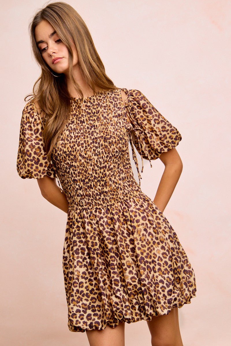 BiBi Leopard Bow Tie Attachable Puff Sleeves Dress - Rooted & Reckless Co.