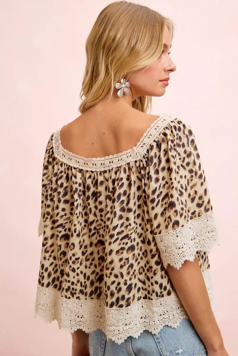 BiBi Leopard Lace Mix And Match Square Neckline Top - Rooted & Reckless Co.