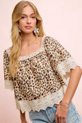BiBi Leopard Lace Mix And Match Square Neckline Top - Rooted & Reckless Co.