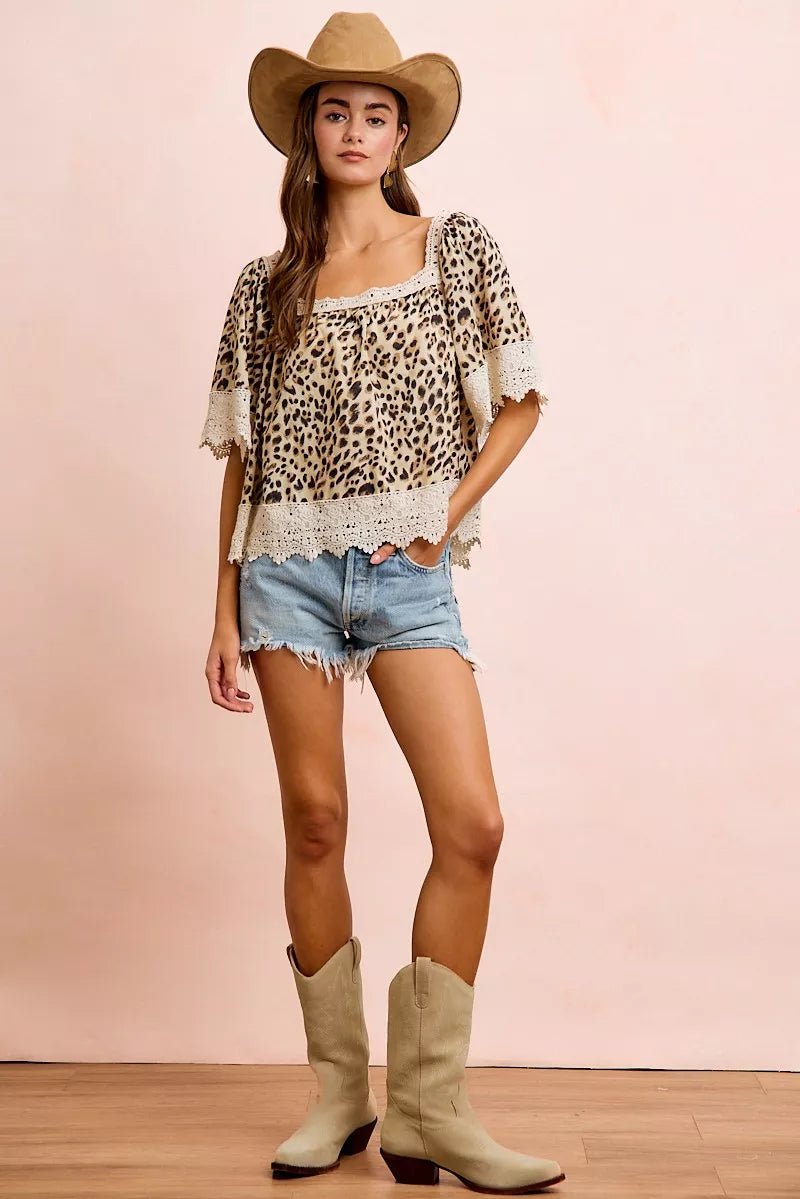 BiBi Leopard Lace Mix And Match Square Neckline Top - Rooted & Reckless Co.