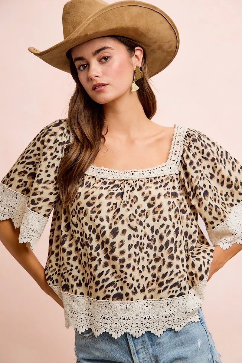 BiBi Leopard Lace Mix And Match Square Neckline Top - Rooted & Reckless Co.