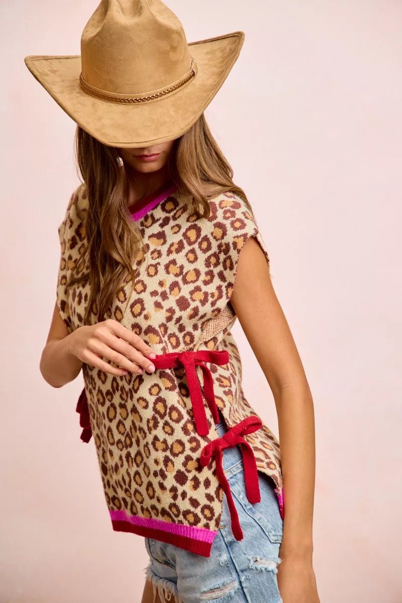 BiBi Leopard Pattern Side Tied Sweater Vest Top - Rooted & Reckless Co.