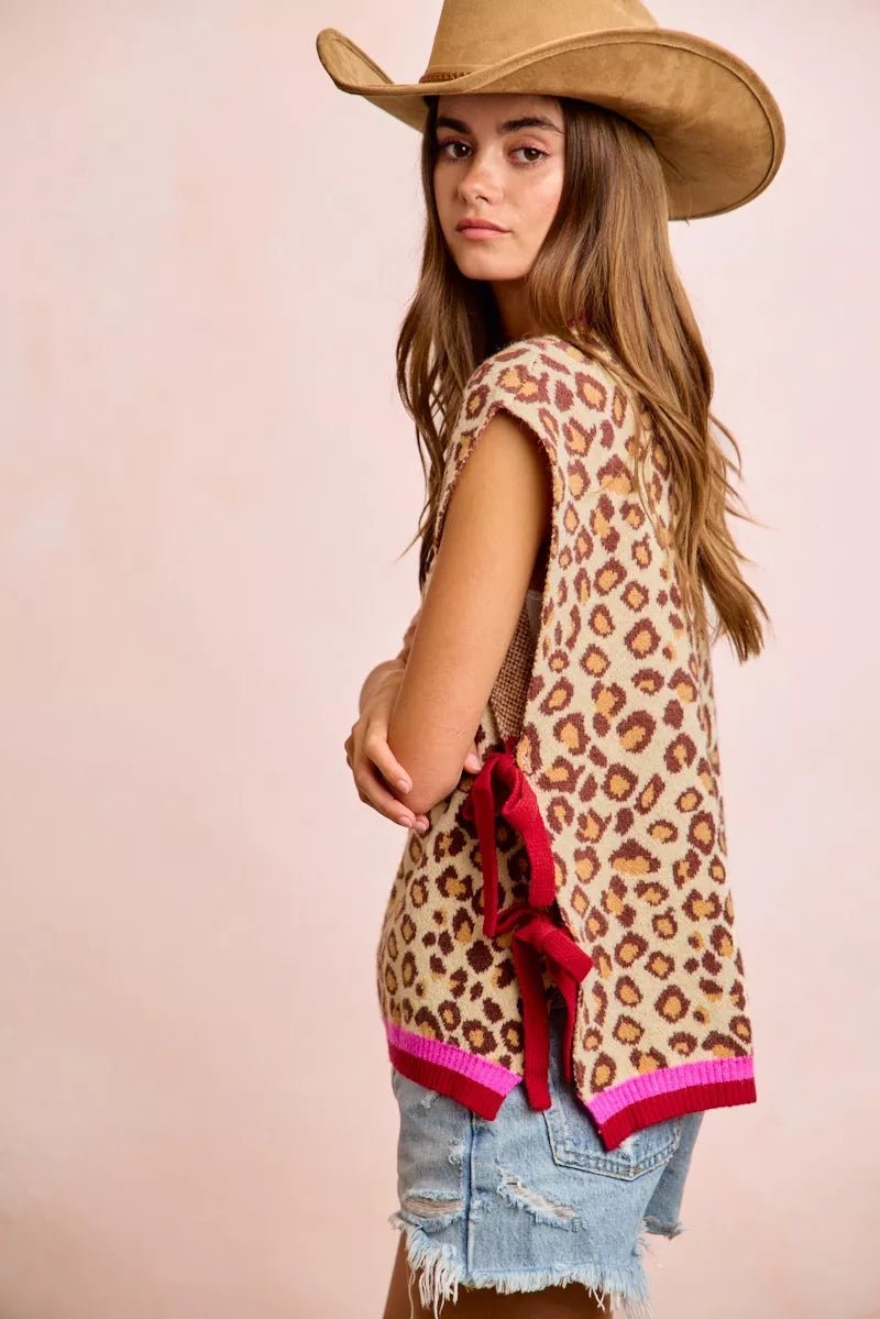 BiBi Leopard Pattern Side Tied Sweater Vest Top - Rooted & Reckless Co.