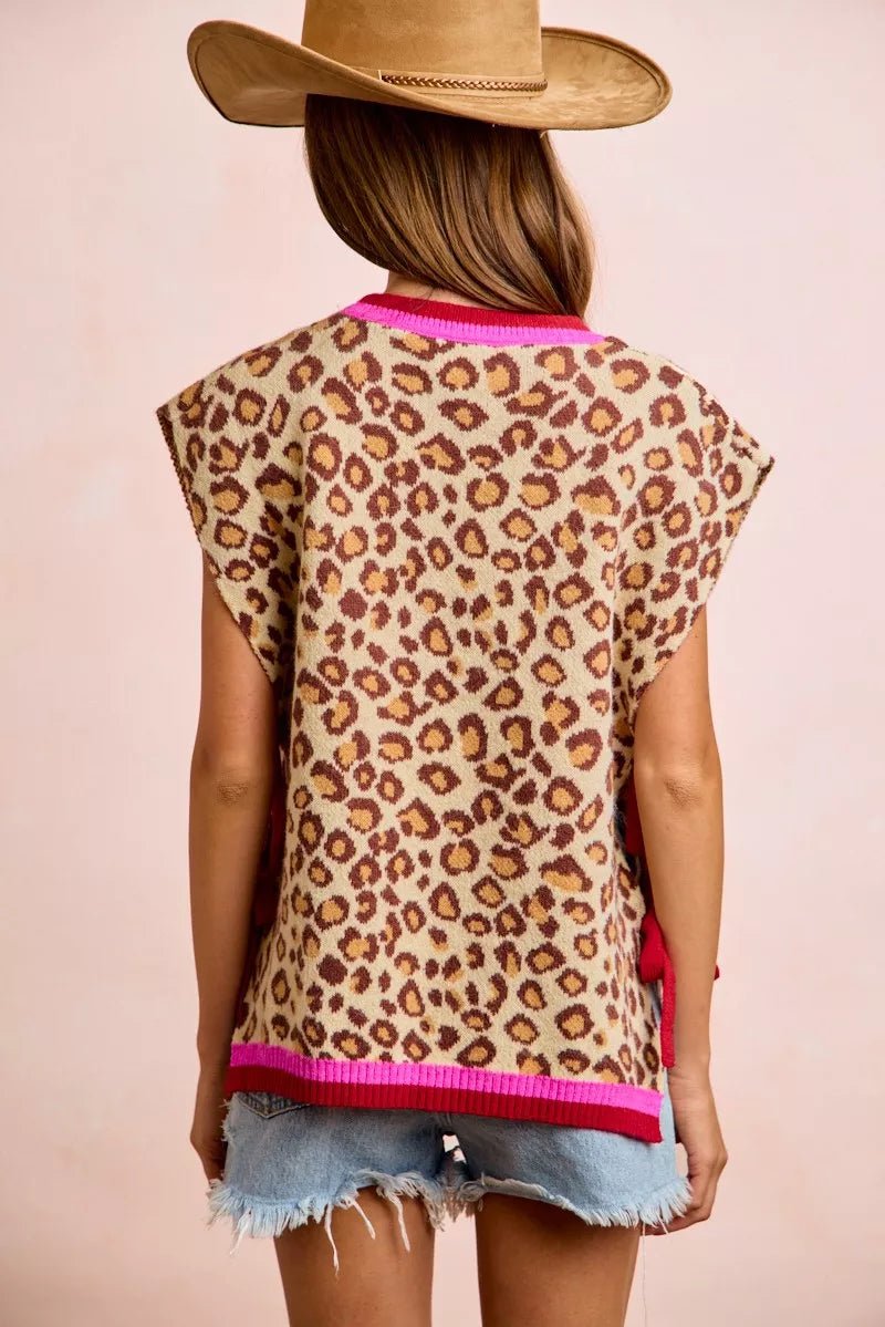 BiBi Leopard Pattern Side Tied Sweater Vest Top - Rooted & Reckless Co.