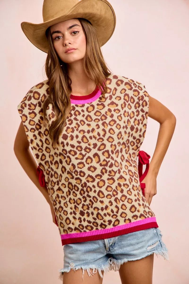 BiBi Leopard Pattern Side Tied Sweater Vest Top - Rooted & Reckless Co.
