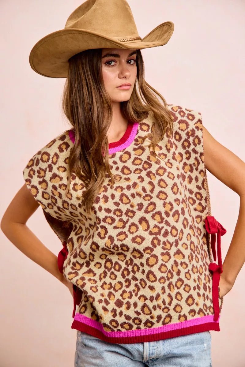 BiBi Leopard Pattern Side Tied Sweater Vest Top - Rooted & Reckless Co.