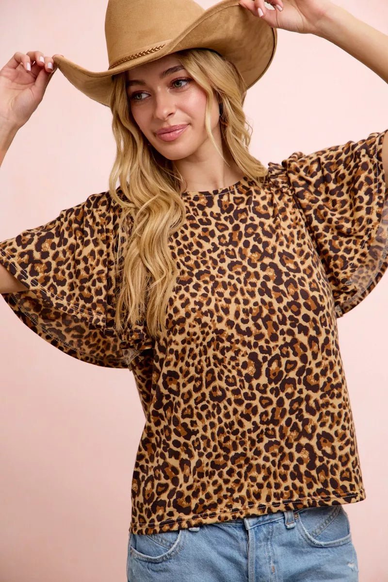 BiBi Leopard Printed Spandex Jersey Ruffle Sleeve Top - Rooted & Reckless Co.