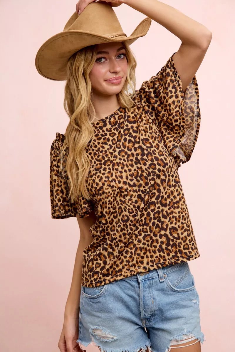 BiBi Leopard Printed Spandex Jersey Ruffle Sleeve Top - Rooted & Reckless Co.
