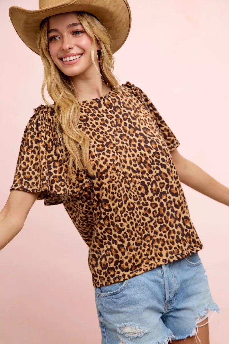 BiBi Leopard Printed Spandex Jersey Ruffle Sleeve Top - Rooted & Reckless Co.