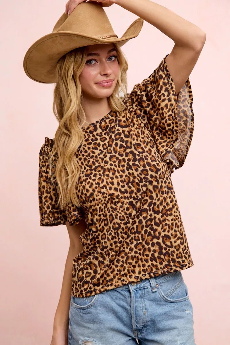 BiBi Leopard Printed Spandex Jersey Ruffle Sleeve Top - Rooted & Reckless Co.