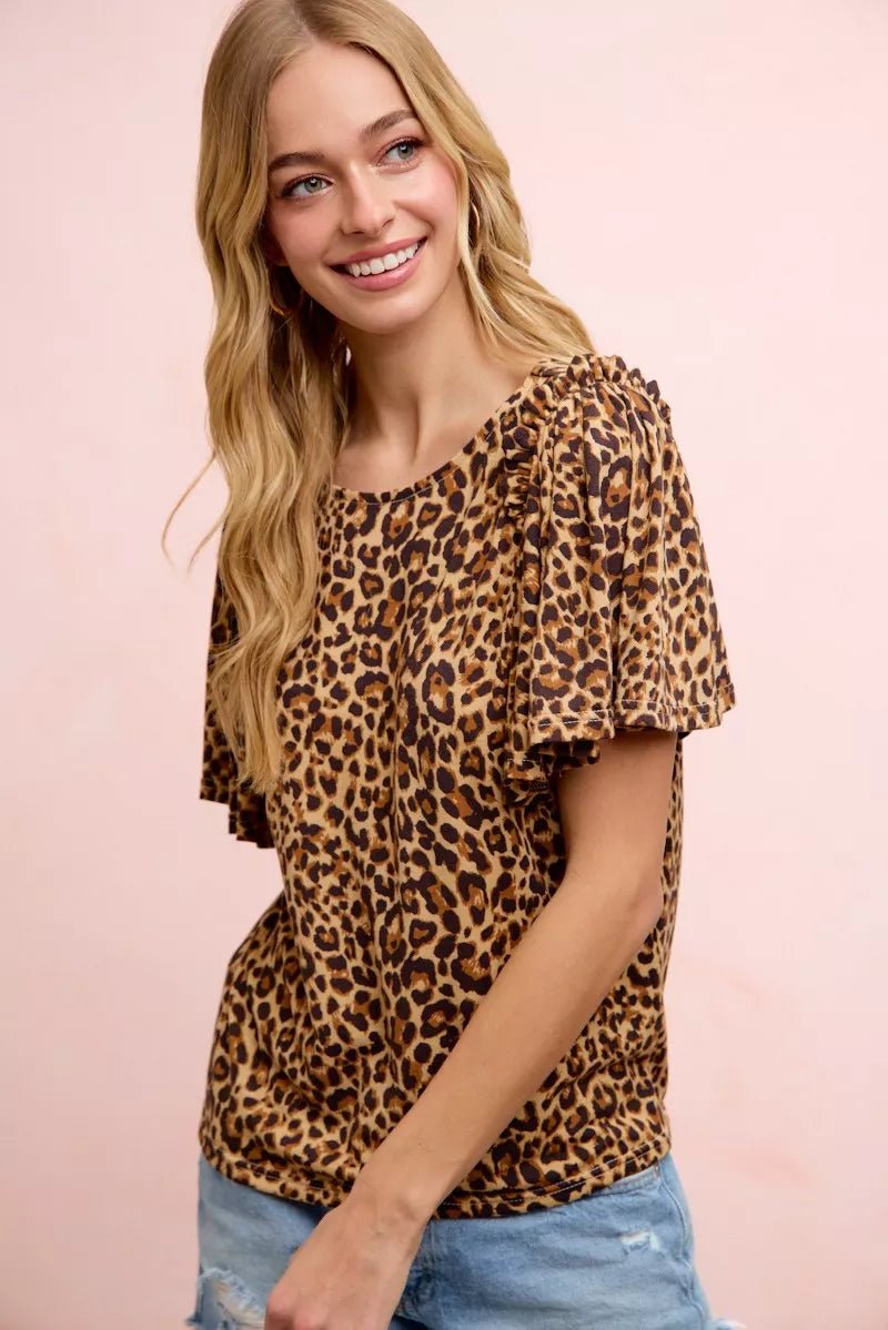 BiBi Leopard Printed Spandex Jersey Ruffle Sleeve Top - Rooted & Reckless Co.