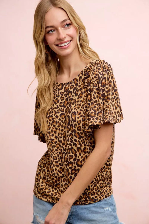 BiBi Leopard Printed Spandex Jersey Ruffle Sleeve Top - Rooted & Reckless Co.