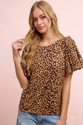 BiBi Leopard Printed Spandex Jersey Ruffle Sleeve Top - Rooted & Reckless Co.