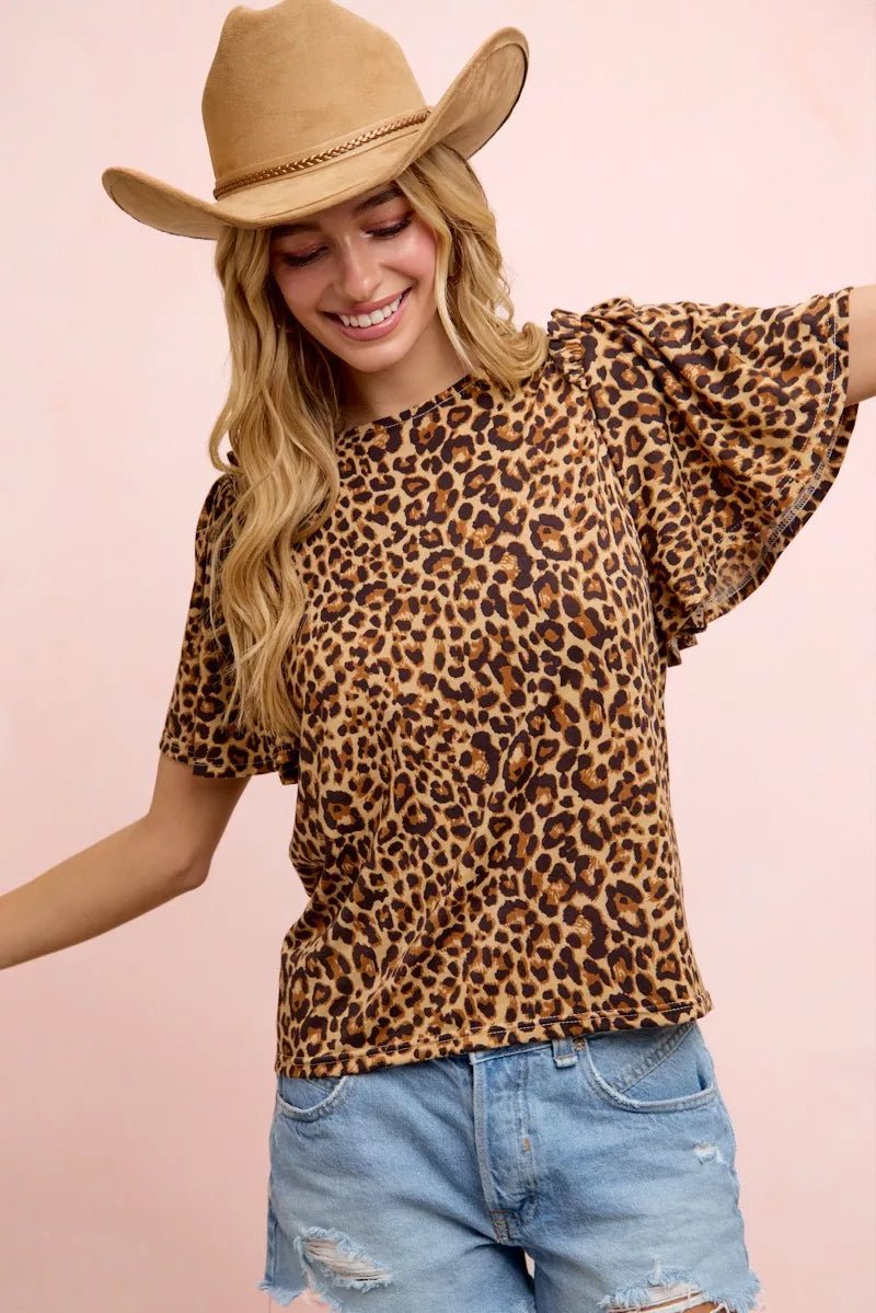 BiBi Leopard Printed Spandex Jersey Ruffle Sleeve Top - Rooted & Reckless Co.