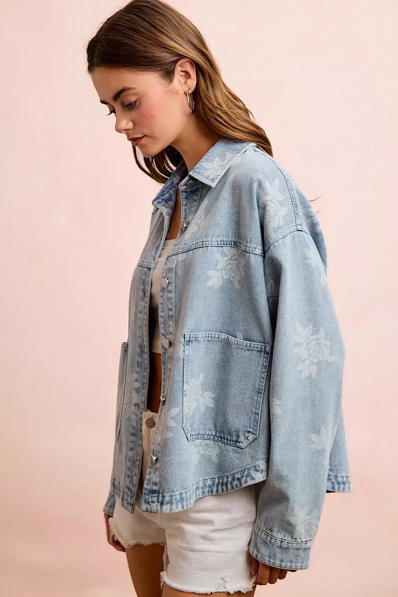 BiBi Printed Washed Denim Jacket With Pocket - Rooted & Reckless Co.