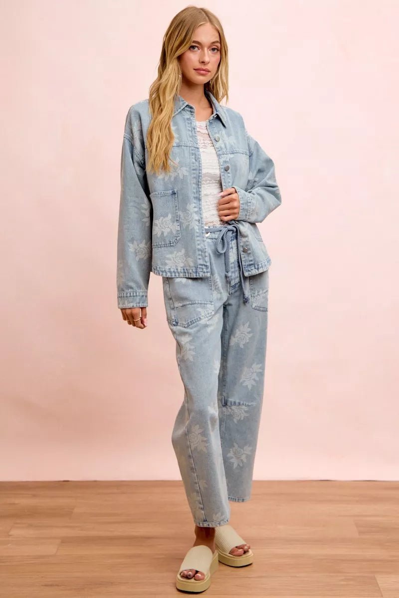 BiBi Printed Washed Denim Jacket With Pocket - Rooted & Reckless Co.