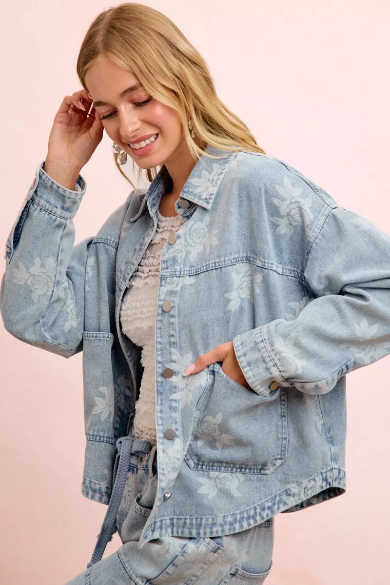 BiBi Printed Washed Denim Jacket With Pocket - Rooted & Reckless Co.