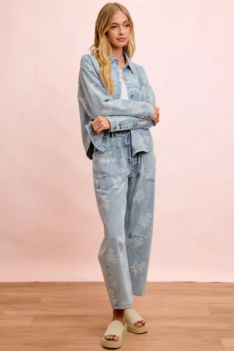 BiBi Printed Washed Denim Jacket With Pocket - Rooted & Reckless Co.