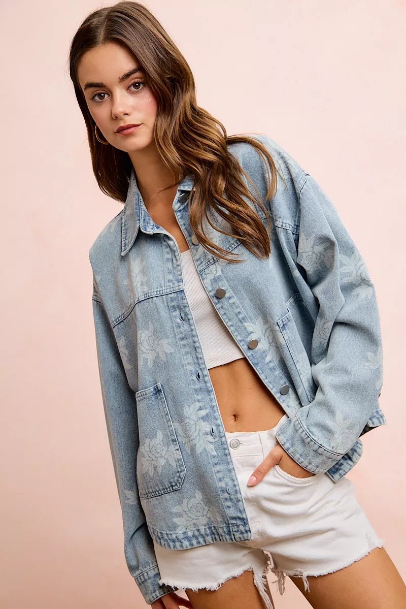 BiBi Printed Washed Denim Jacket With Pocket - Rooted & Reckless Co.